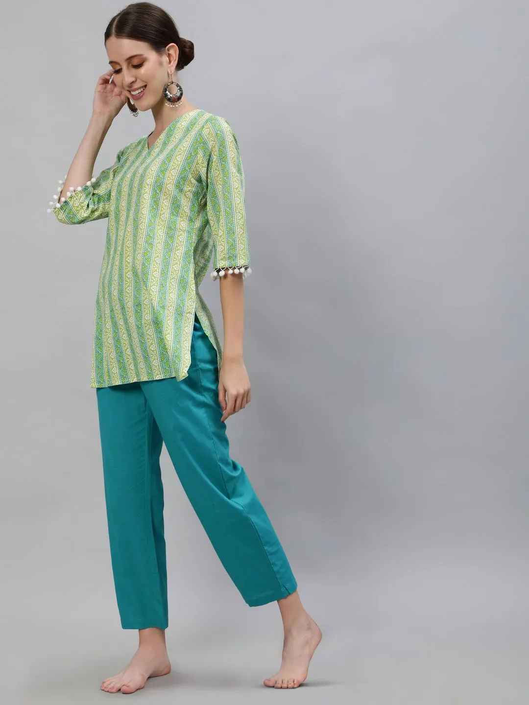 Green Coloured Sleepwear Consist Of Short Kaftan & Pyajama