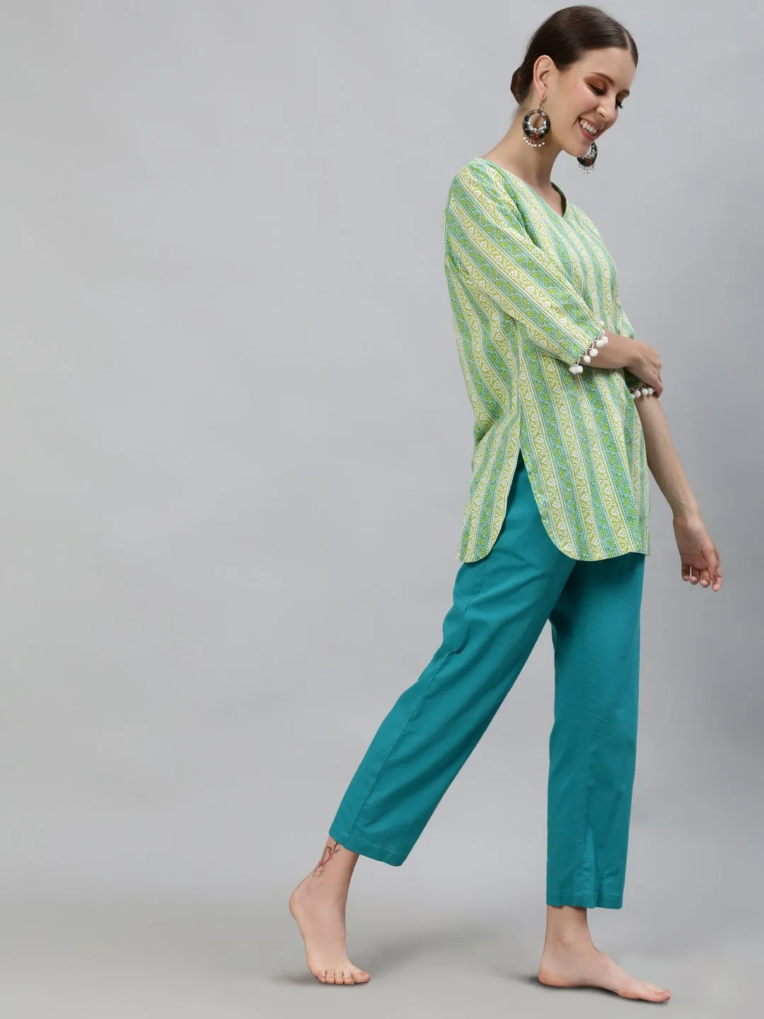 Green Coloured Sleepwear Consist Of Short Kaftan & Pyajama