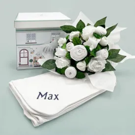 Hand Tied Baby Clothes Bouquet With Personalised Snuggle Wrap, White