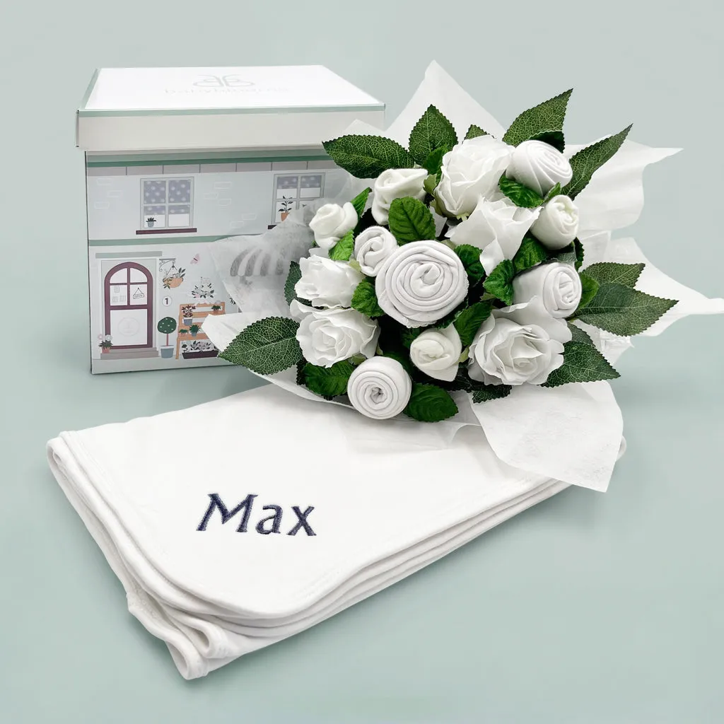 Hand Tied Baby Clothes Bouquet With Personalised Snuggle Wrap, White