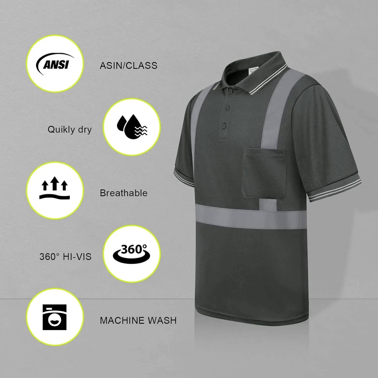 Hi Vis Polo Shirts for Men Construction Class 3 High Visibility Shirts, Reflective Safety T-Shirts for Men Women, Short Sleeve Work Shirts, Breathable, UPL-Dark Grey XL
