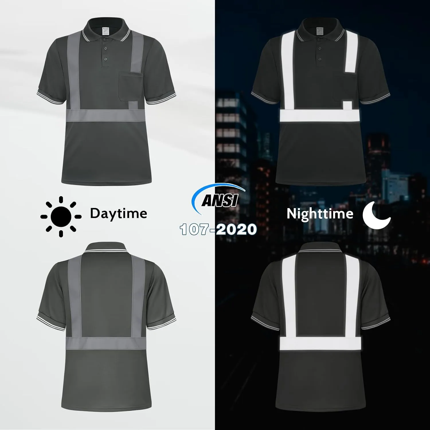 Hi Vis Polo Shirts for Men Construction Class 3 High Visibility Shirts, Reflective Safety T-Shirts for Men Women, Short Sleeve Work Shirts, Breathable, UPL-Dark Grey XL
