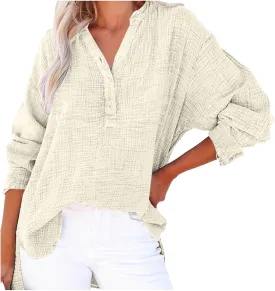 Linen Shirts for Women Casual Button V Neck Long Sleeve Shirts Oversized Solid Blouses Tops for Women Trendy Summer