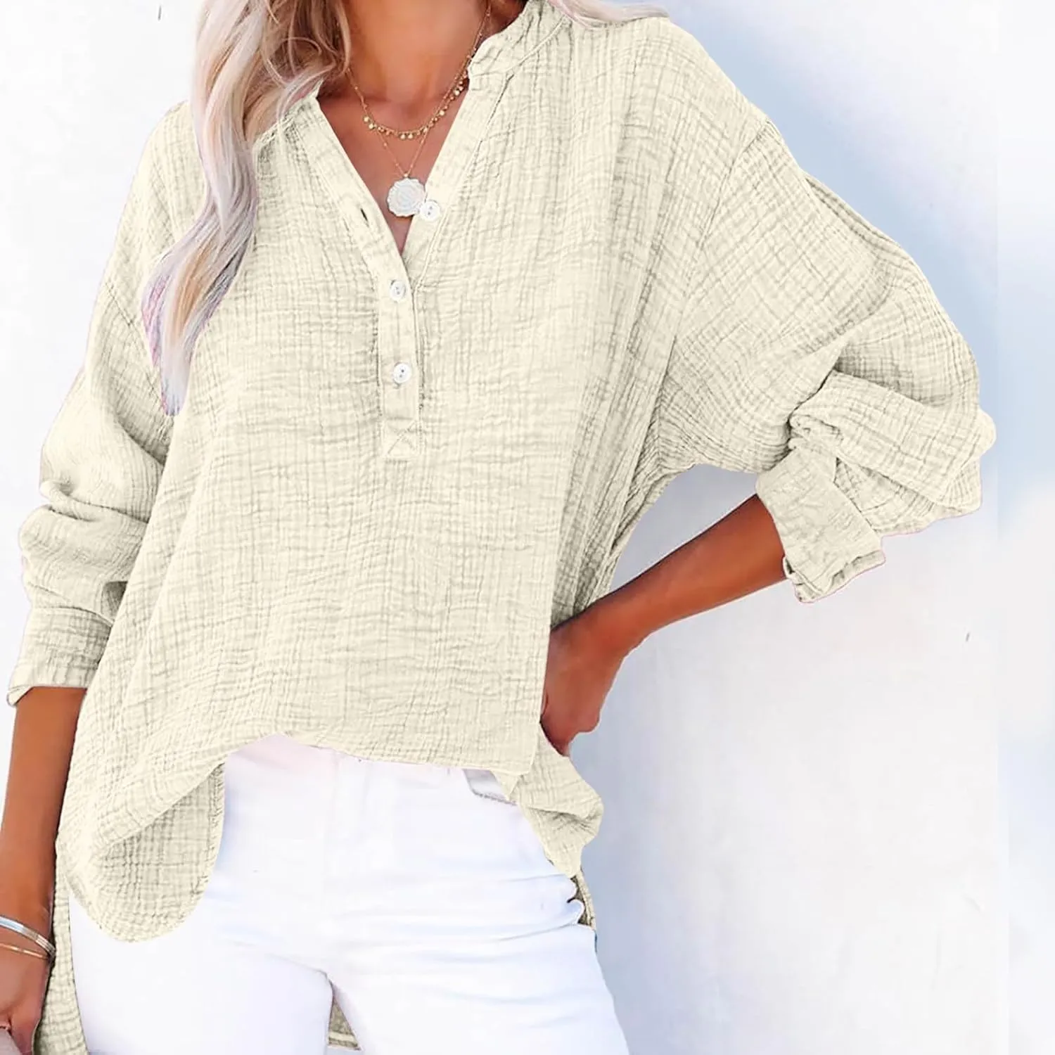 Linen Shirts for Women Casual Button V Neck Long Sleeve Shirts Oversized Solid Blouses Tops for Women Trendy Summer