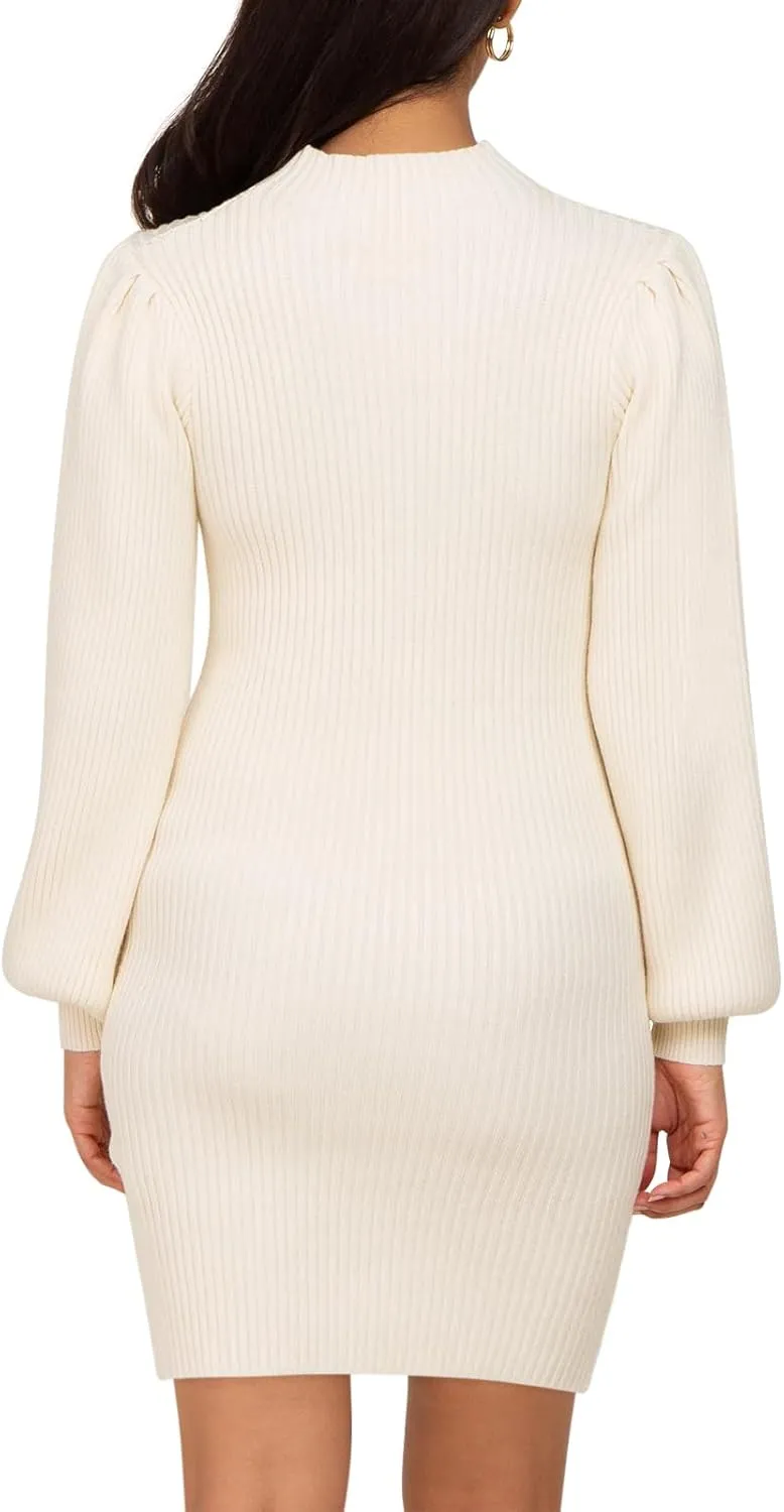Lueluoye Maternity Sweater Dress for Pregnant Women Turtleneck Puff Sleeve Knit Slim Fit Bodycon Mini Dress
