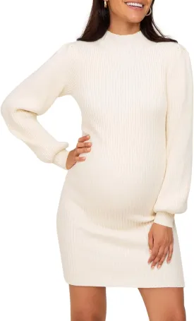 Lueluoye Maternity Sweater Dress for Pregnant Women Turtleneck Puff Sleeve Knit Slim Fit Bodycon Mini Dress