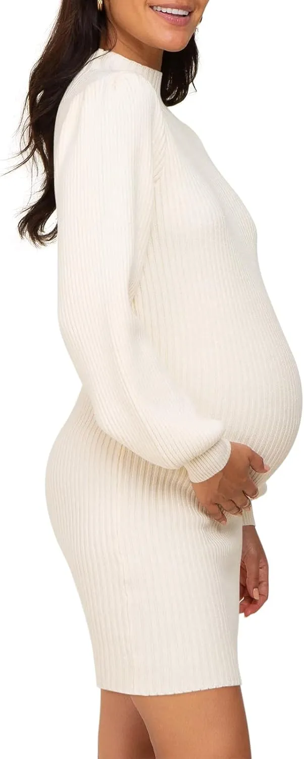 Lueluoye Maternity Sweater Dress for Pregnant Women Turtleneck Puff Sleeve Knit Slim Fit Bodycon Mini Dress