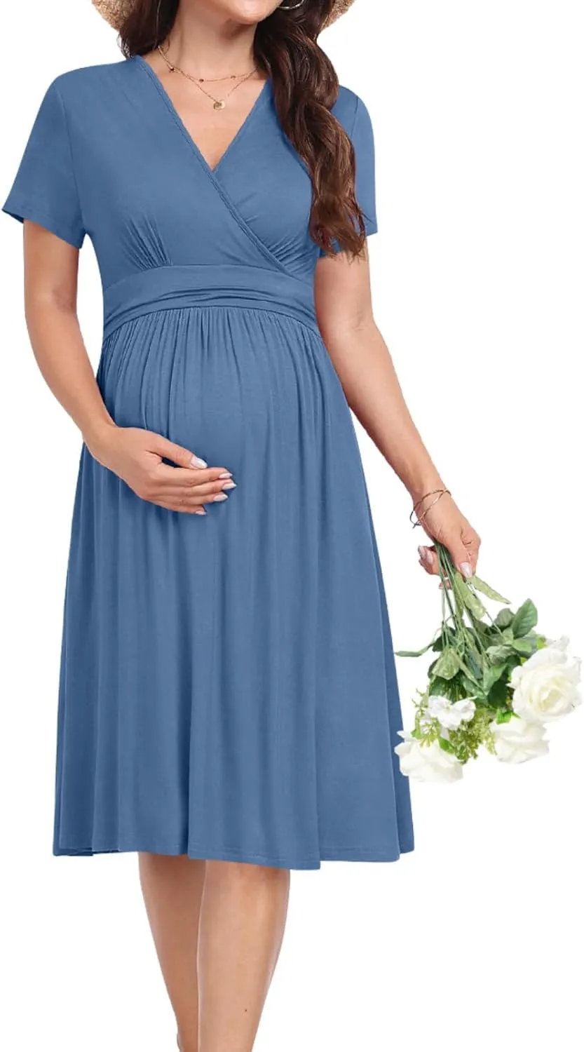 Maternity Casual Short Sleeve Party Dress Summer Wrap V Neck Baby Shower Photoshoot Pregnancy Nursing Dresses