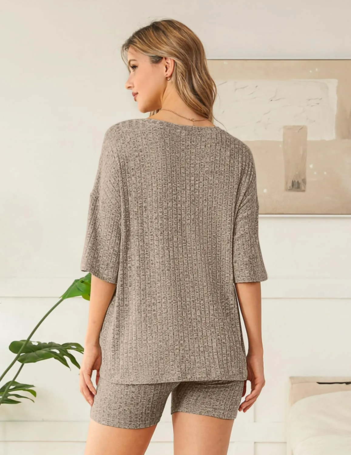NORACORA Pajamas 2 Piece Lounge Sets Ribbed Knit for Women Matching T-shirt Shorts Outfits Sleepwear