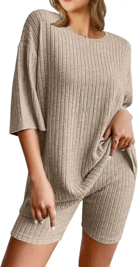 NORACORA Pajamas 2 Piece Lounge Sets Ribbed Knit for Women Matching T-shirt Shorts Outfits Sleepwear