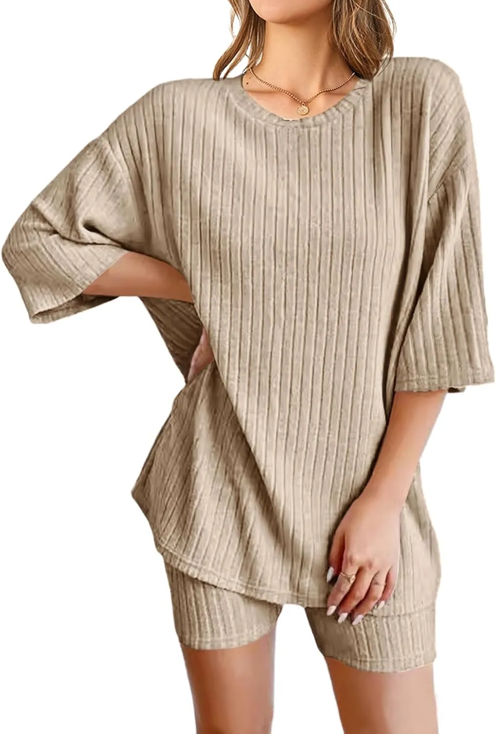 NORACORA Pajamas 2 Piece Lounge Sets Ribbed Knit for Women Matching T-shirt Shorts Outfits Sleepwear