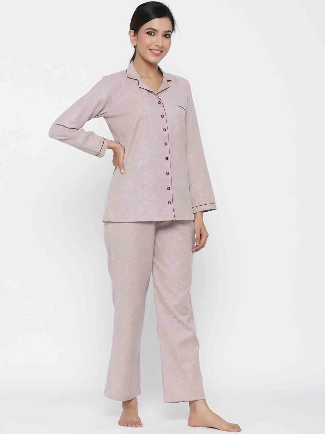 Pink Solid Straight Cotton Blend Sleepwear