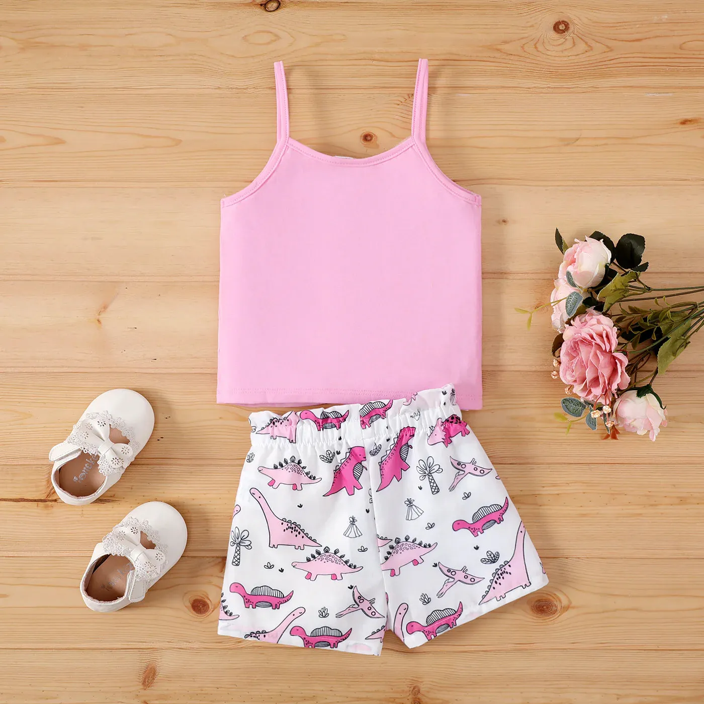 PP-2pcs Baby Girl Letter Print Camisole And Dinosaur Print Shorts Set PP25