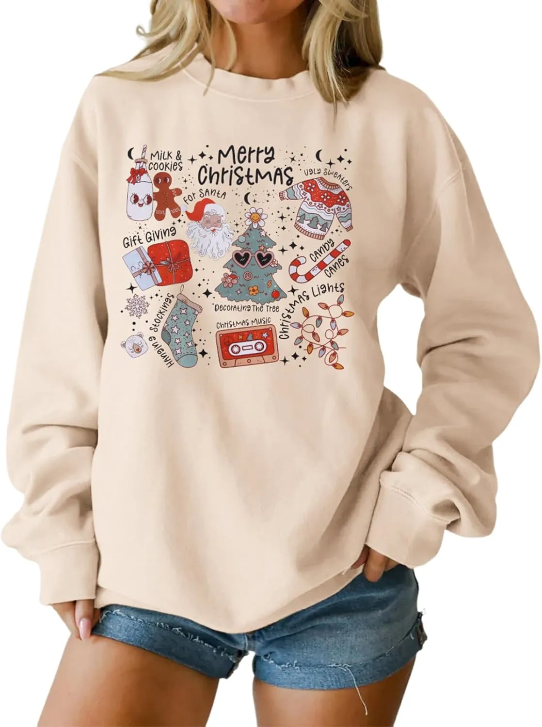 Ritatte Merry Christmas Sweatshirt Women Crewneck Santa Claus Graphic Shirt Funny Xmas Long Sleeve Holiday Pullover Top