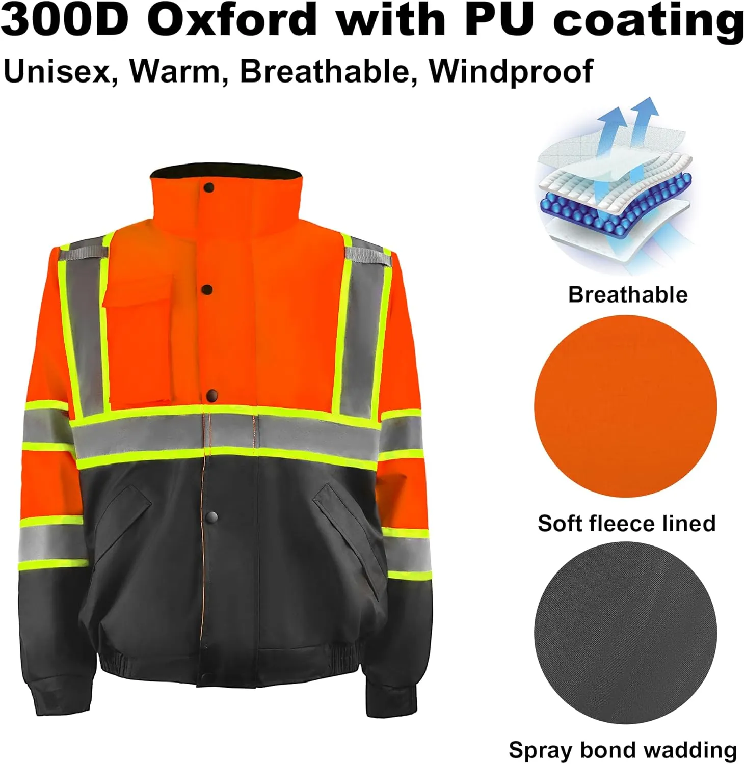 Safety Bomber Jackets for Men, High Visibility Reflective Jacket Fleece Liner Jacket with Pockets,Winter ANSI/ISEA