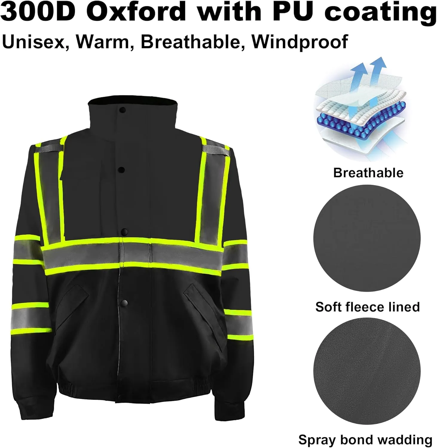 Safety Bomber Jackets for Men, High Visibility Reflective Jacket Fleece Liner Jacket with Pockets,Winter ANSI/ISEA