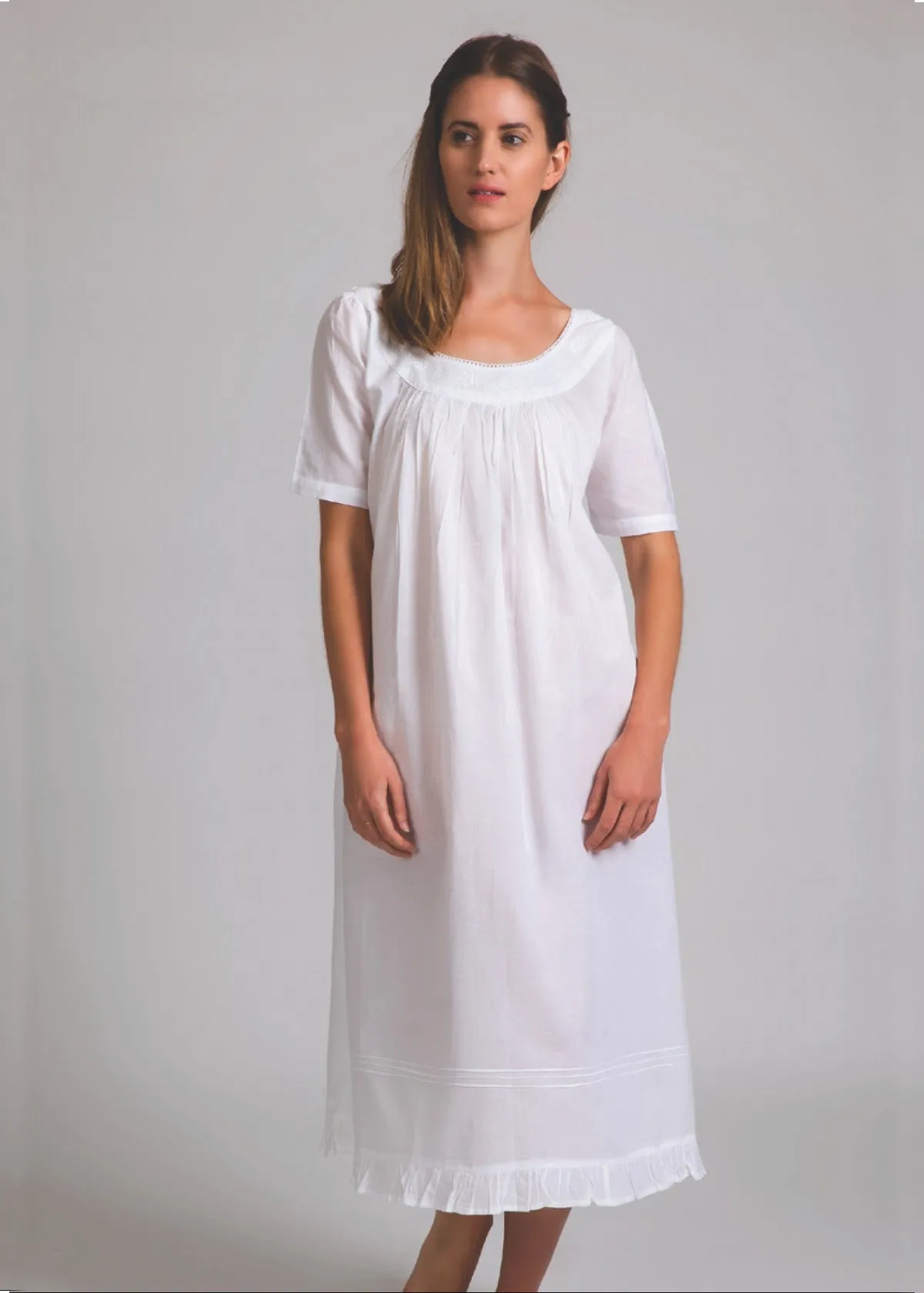 Simple Embroidered Yoke Short Sleeve Nightie White