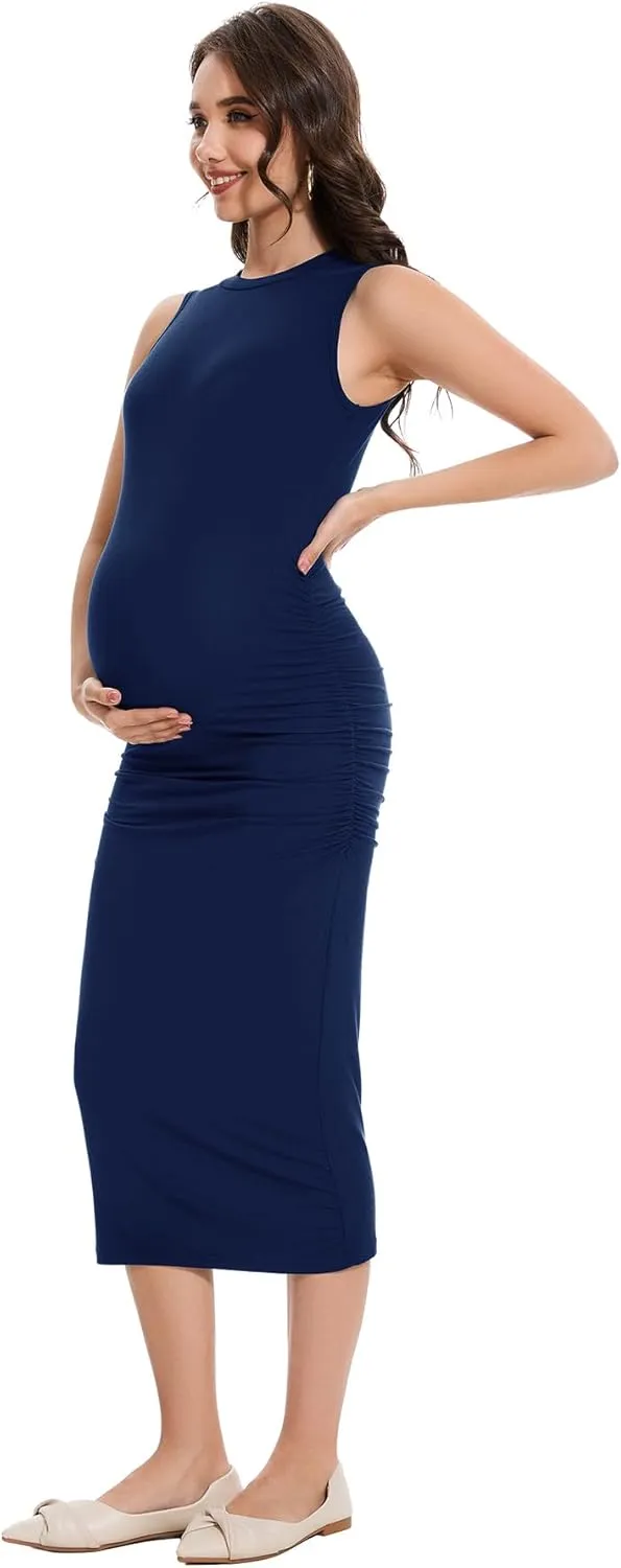 Smallshow Women's Maternity Midi Dress Crew Neck Sleeveless Pregnancy Clothes