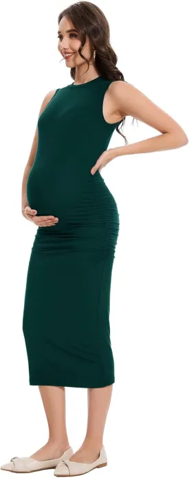Smallshow Women's Maternity Midi Dress Crew Neck Sleeveless Pregnancy Clothes