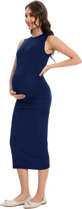 Smallshow Women's Maternity Midi Dress Crew Neck Sleeveless Pregnancy Clothes