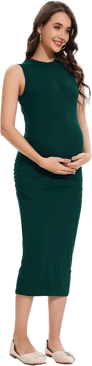 Smallshow Women's Maternity Midi Dress Crew Neck Sleeveless Pregnancy Clothes