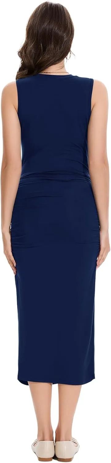 Smallshow Women's Maternity Midi Dress Crew Neck Sleeveless Pregnancy Clothes