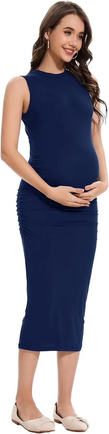 Smallshow Women's Maternity Midi Dress Crew Neck Sleeveless Pregnancy Clothes