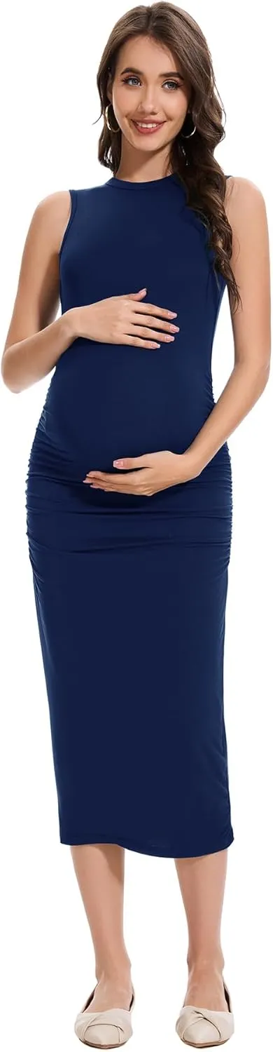 Smallshow Women's Maternity Midi Dress Crew Neck Sleeveless Pregnancy Clothes
