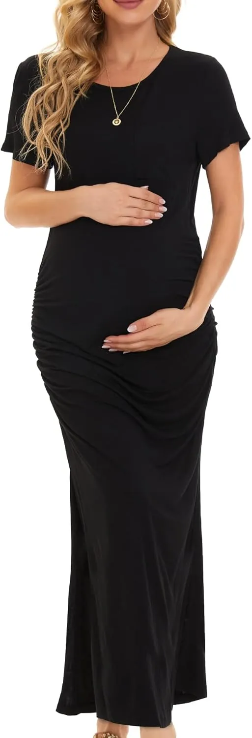 Smallshow Women's Split Long Maternity Dress Short Sleeve Ruched Pregnancy Clothes