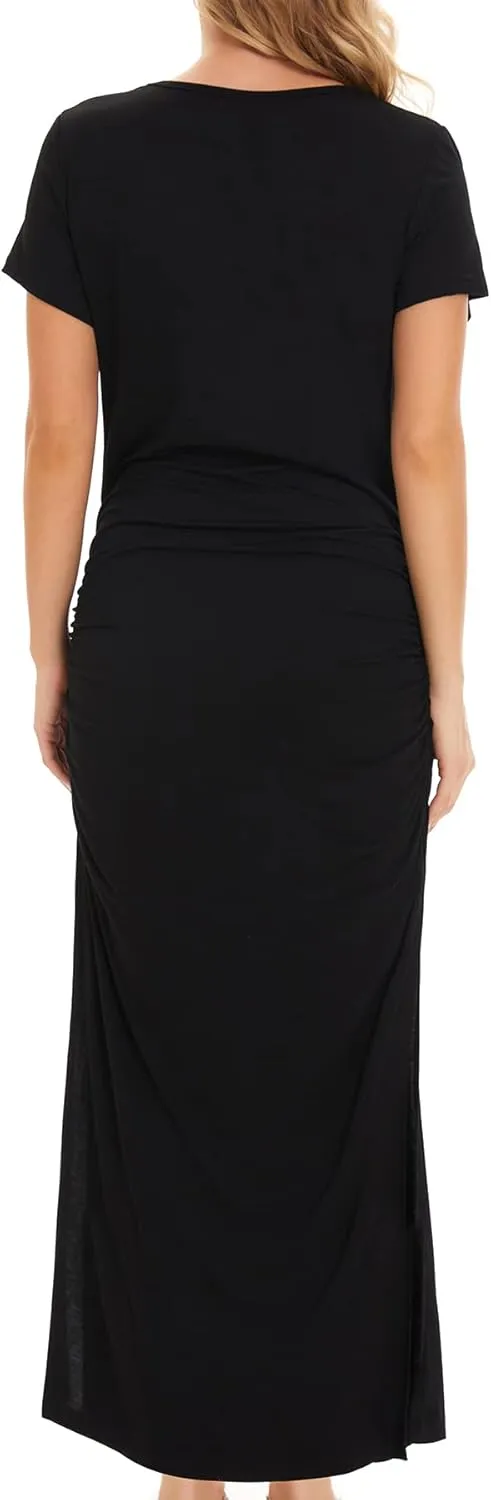 Smallshow Women's Split Long Maternity Dress Short Sleeve Ruched Pregnancy Clothes