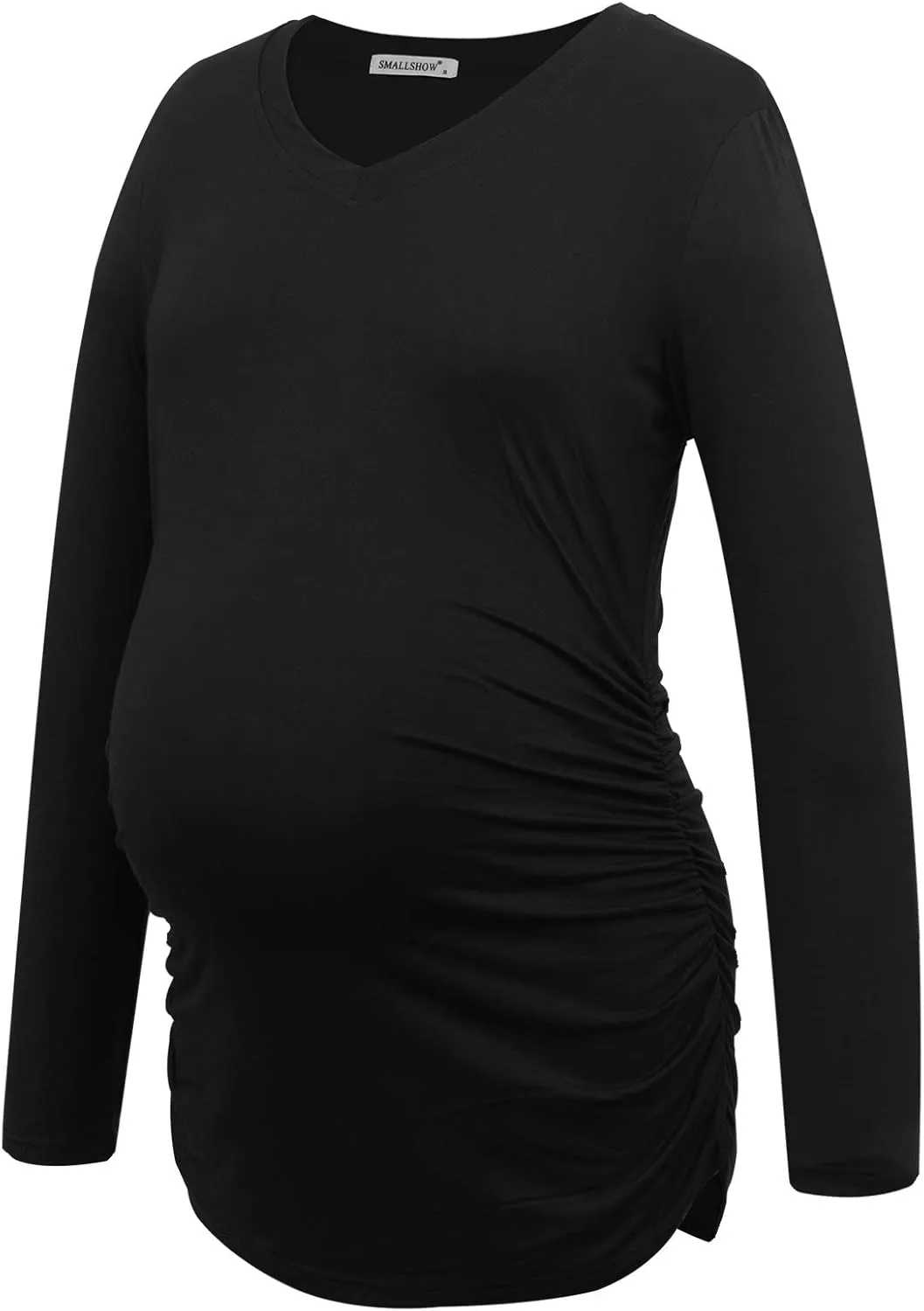 Smallshow Women's V-Neck Maternity Shirt Clothes Long Sleeve Ruched Pregnancy Top