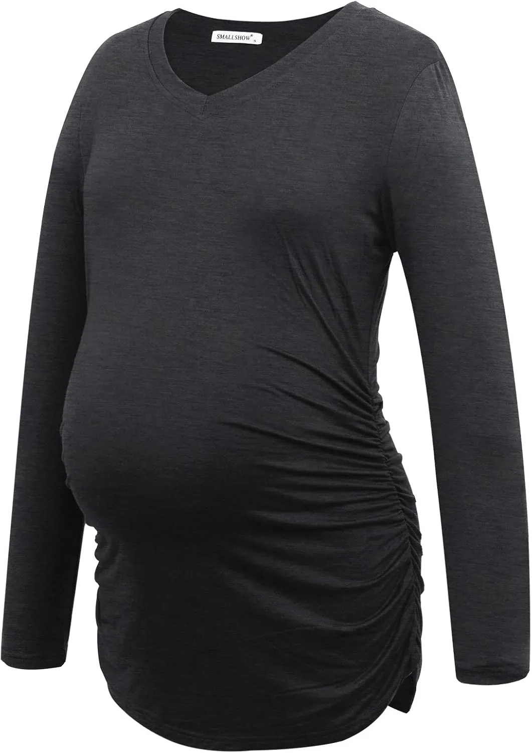 Smallshow Women's V-Neck Maternity Shirt Clothes Long Sleeve Ruched Pregnancy Top