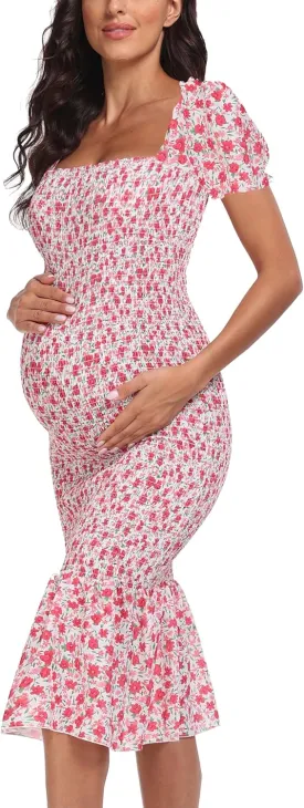 Spring Long Puff Sleeve Maternity Dress Floral Ruffle Hem Mermaid Baby Shower/Photoshoot Dress
