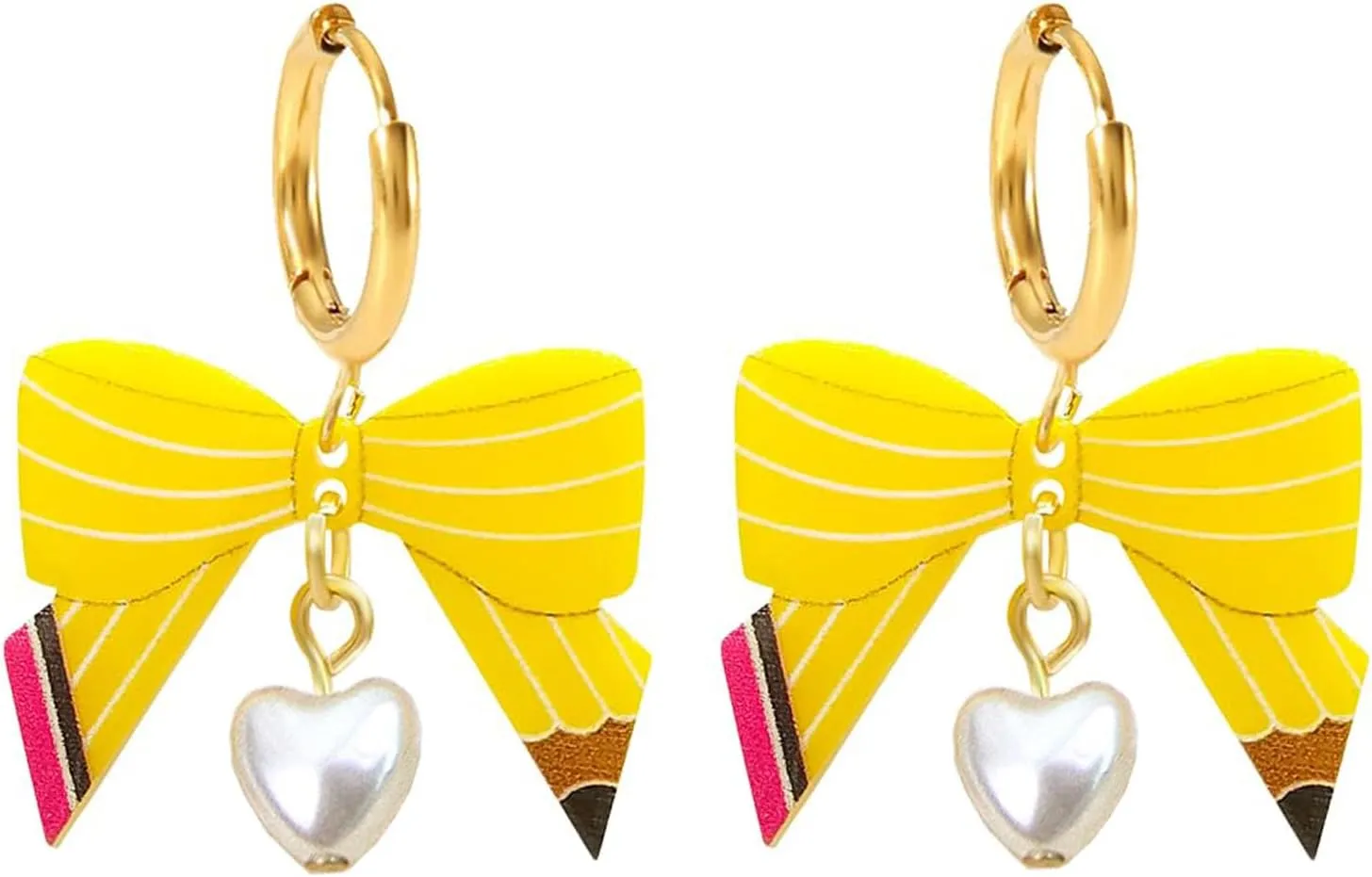 Teacher Earrings for Women Pencil Shaped Bow Earrings Cute Colorful Heart Dangle Preppy Earring Bow Trendy Earrings Cool Pencil Earrings for Teachers Graduation Back to School Creative Jewelry