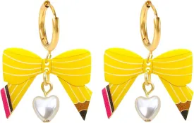 Teacher Earrings for Women Pencil Shaped Bow Earrings Cute Colorful Heart Dangle Preppy Earring Bow Trendy Earrings Cool Pencil Earrings for Teachers Graduation Back to School Creative Jewelry