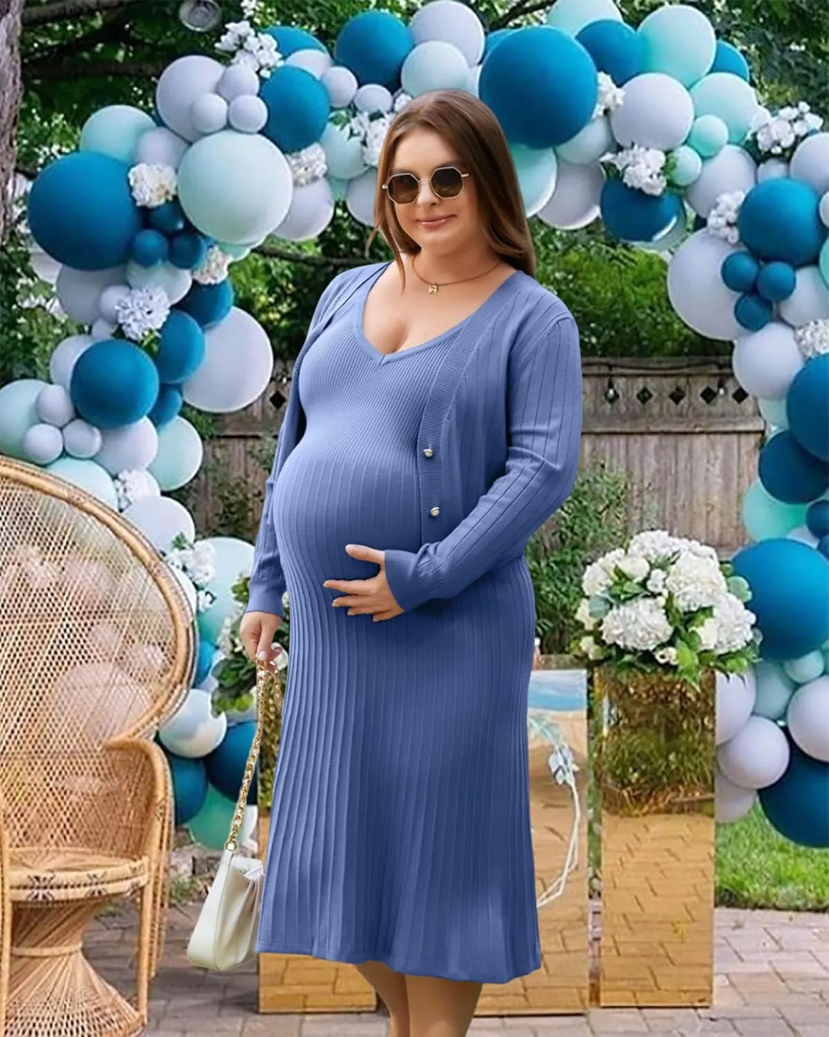 V FOR CITY Maternity Dress for Baby Shower Pregnancy Photoshoot Midi Bodycon Pleated A-Line Cropped Cardigan 2 Piece Sets