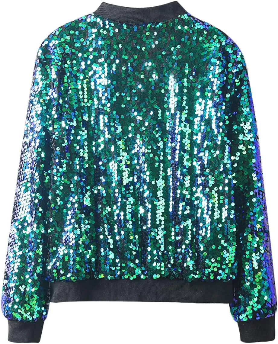 WELAKEN Girls' Ombre Sequin Bomber Jacket with Pockets Lightweight Sparkle Long Sleeve Zipper Gradient Jackets for Kid