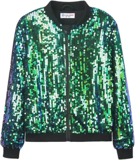 WELAKEN Girls' Ombre Sequin Bomber Jacket with Pockets Lightweight Sparkle Long Sleeve Zipper Gradient Jackets for Kid