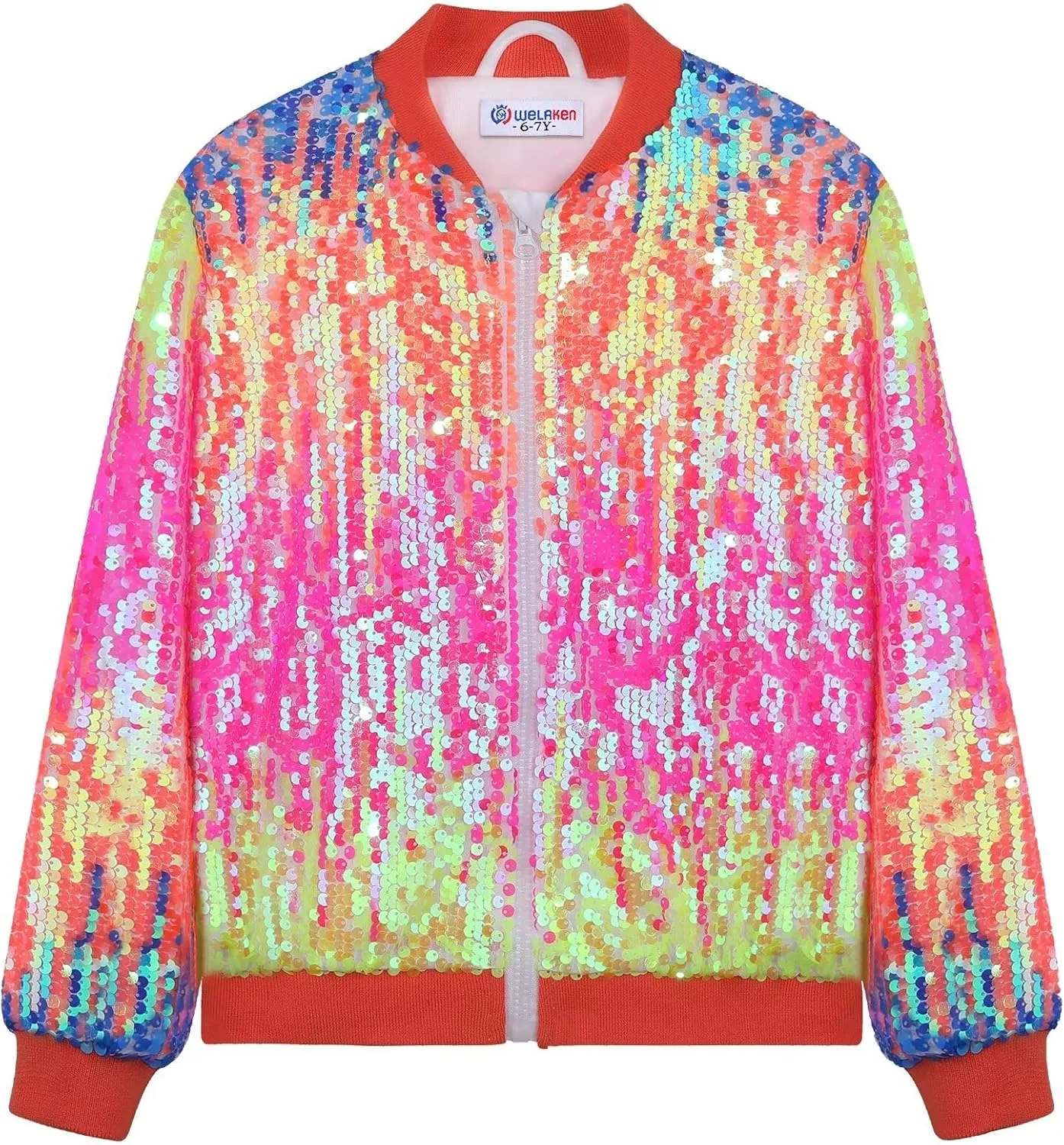 WELAKEN Girls' Ombre Sequin Bomber Jacket with Pockets Lightweight Sparkle Long Sleeve Zipper Gradient Jackets for Kid