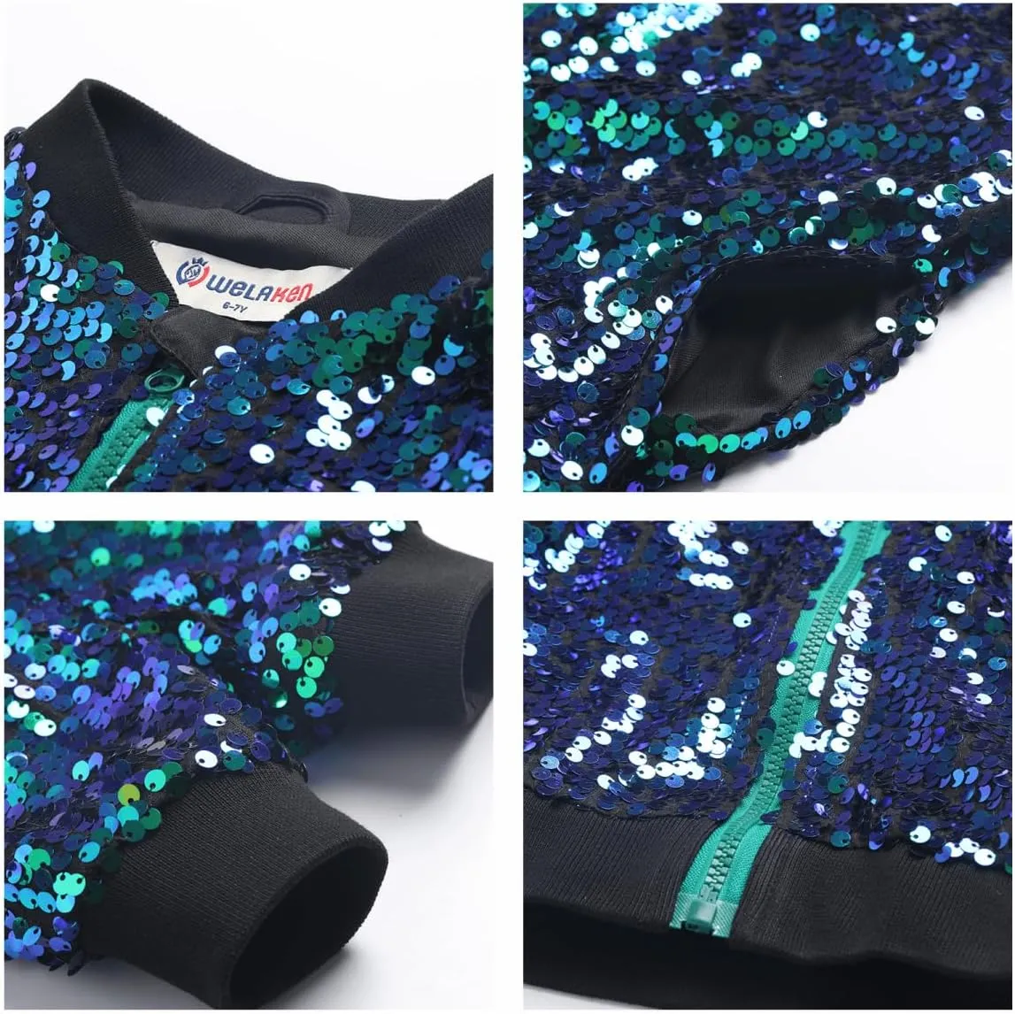 WELAKEN Girls' Ombre Sequin Bomber Jacket with Pockets Lightweight Sparkle Long Sleeve Zipper Gradient Jackets for Kid