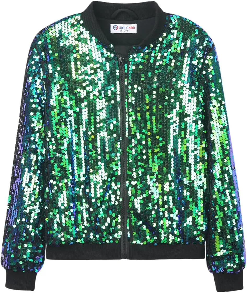 WELAKEN Girls' Ombre Sequin Bomber Jacket with Pockets Lightweight Sparkle Long Sleeve Zipper Gradient Jackets for Kid