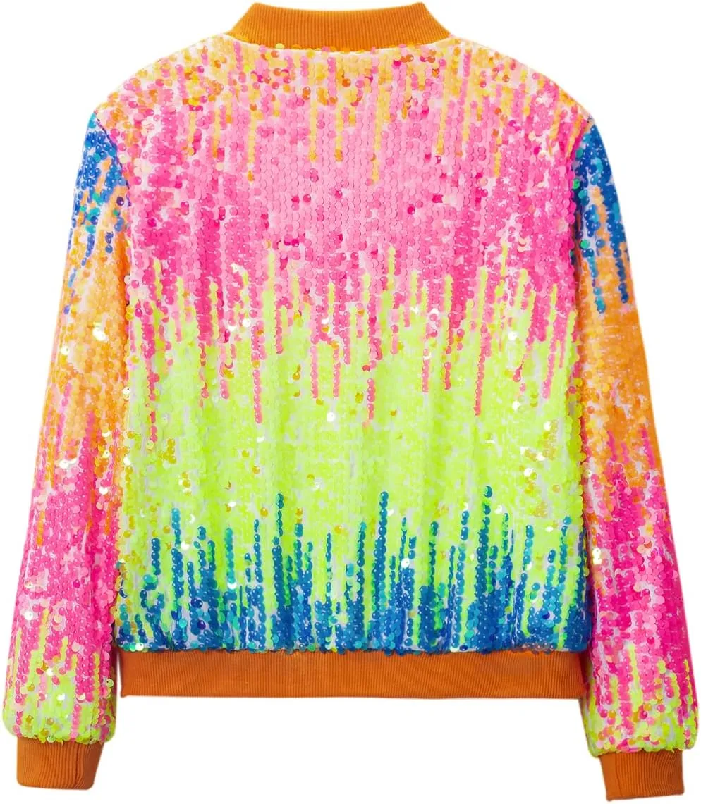 WELAKEN Girls' Ombre Sequin Bomber Jacket with Pockets Lightweight Sparkle Long Sleeve Zipper Gradient Jackets for Kid