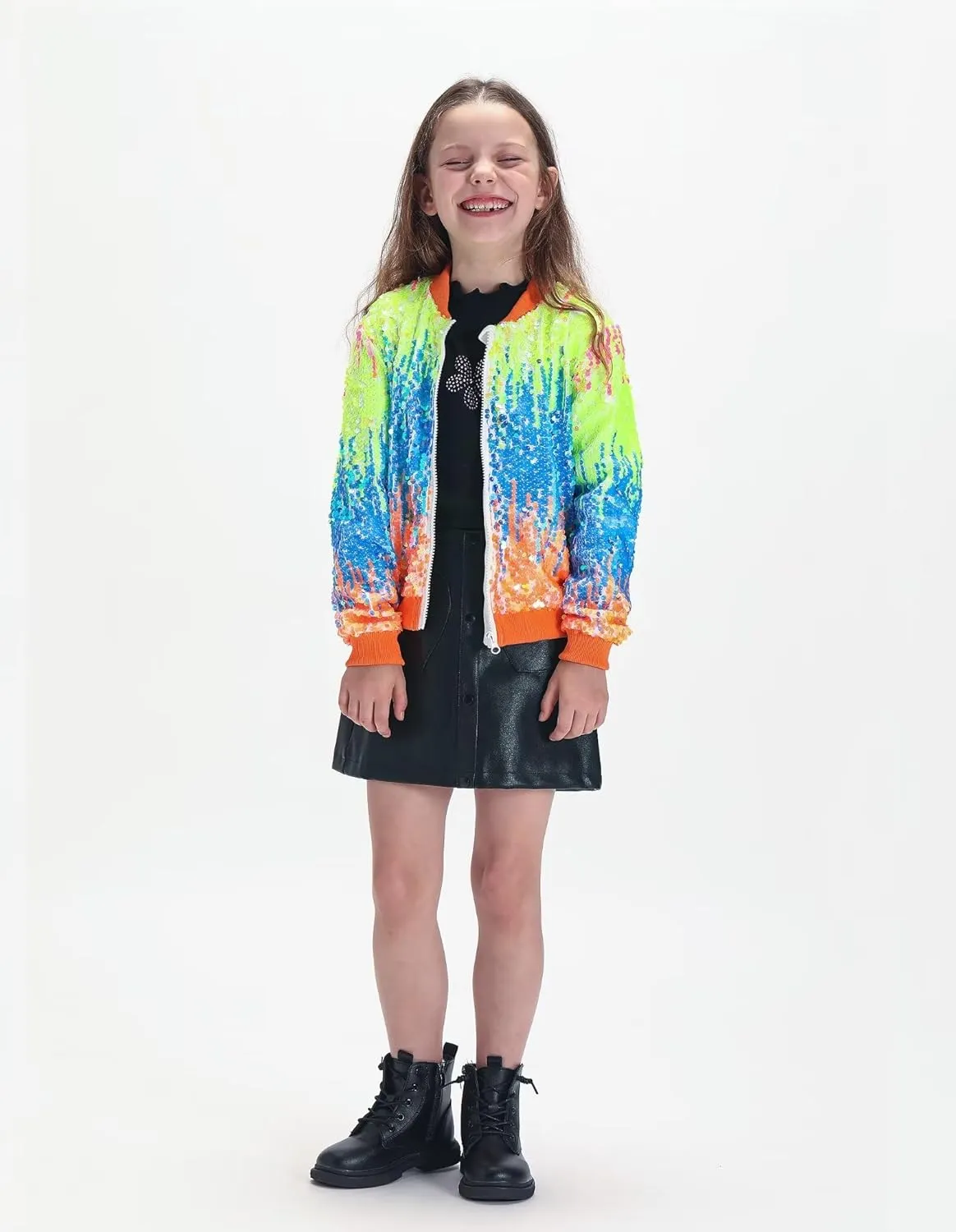 WELAKEN Girls' Ombre Sequin Bomber Jacket with Pockets Lightweight Sparkle Long Sleeve Zipper Gradient Jackets for Kid
