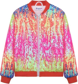 WELAKEN Girls' Ombre Sequin Bomber Jacket with Pockets Lightweight Sparkle Long Sleeve Zipper Gradient Jackets for Kid