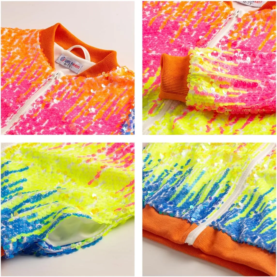 WELAKEN Girls' Ombre Sequin Bomber Jacket with Pockets Lightweight Sparkle Long Sleeve Zipper Gradient Jackets for Kid