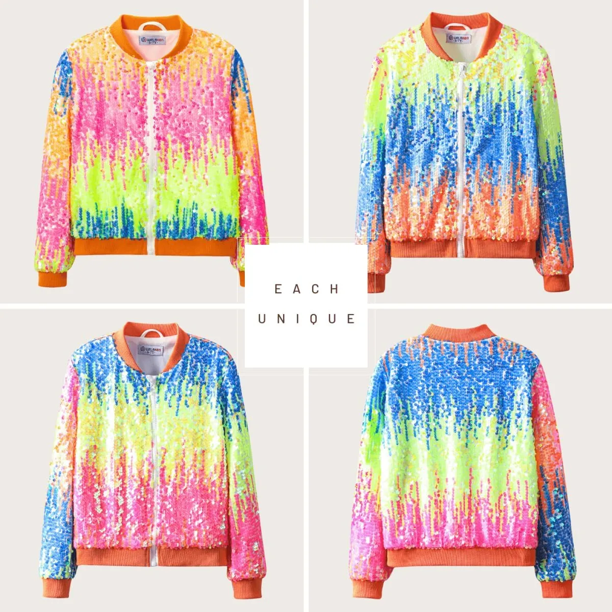 WELAKEN Girls' Ombre Sequin Bomber Jacket with Pockets Lightweight Sparkle Long Sleeve Zipper Gradient Jackets for Kid