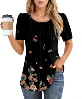 Western Tops for Women Casual Floral Print Summer Tops Pleated Short Sleeve Loose Tunic T Shirt Blouse Outfit