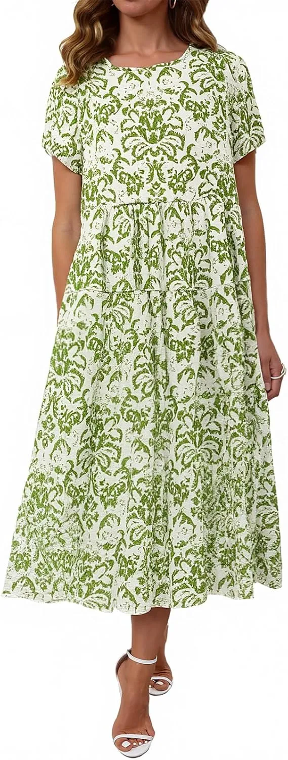 Women Casual Floral Midi Dress Summer Flowy Boho Aline Loose Tiered Ruffle Dresses Beach Sundress with Pockets