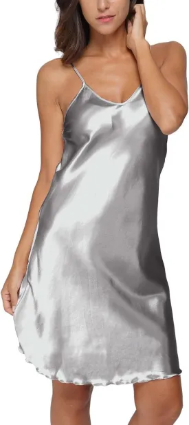 Women's Satin Nightgown Sexy V Neck Spaghetti Strap Nightdress Chemise Babydoll Lingerie Full Slips Sleepwear