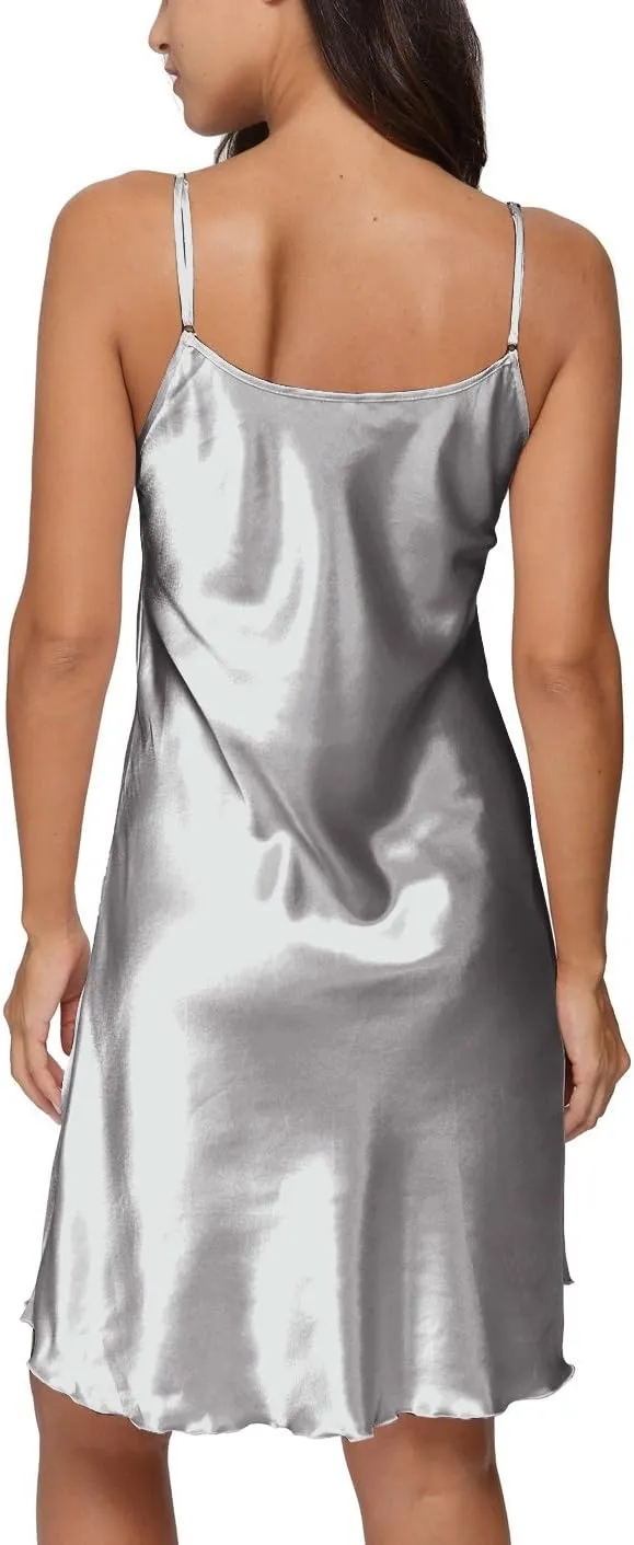 Women's Satin Nightgown Sexy V Neck Spaghetti Strap Nightdress Chemise Babydoll Lingerie Full Slips Sleepwear